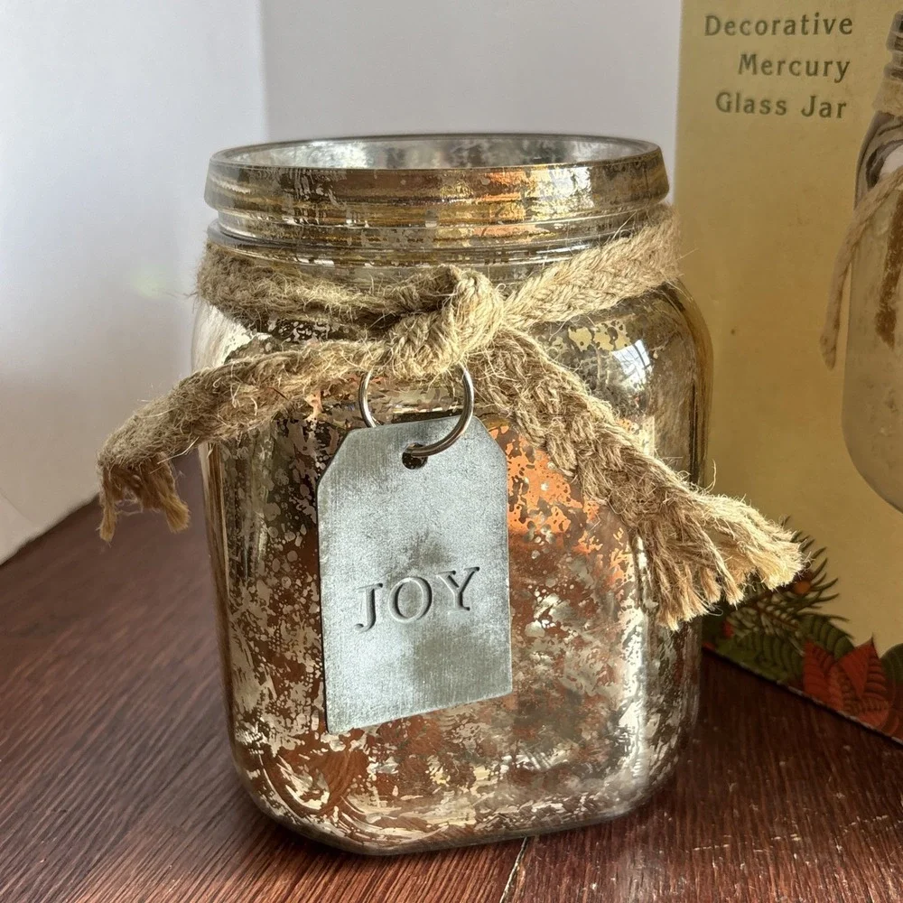 Cracker Barrel Christmas Holiday Gold Decorative Mercury‎ Glass Jar Joy